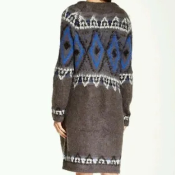 Free People Fair Isle Med Gray Longline Button Cardi Mohair Wool Pocket Coatigan - Picture 2 of 9